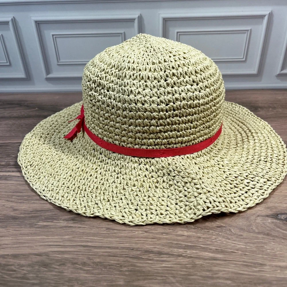 Gymboree Floppy Sun Hat Kids Beige Red Ribbon Bow Woven Straw Wide Brim M